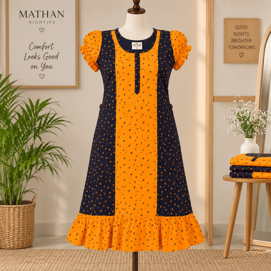 MATHAN Cotton Frock Nighty for Women – Orange & Navy Printed Nightwear OneZeros