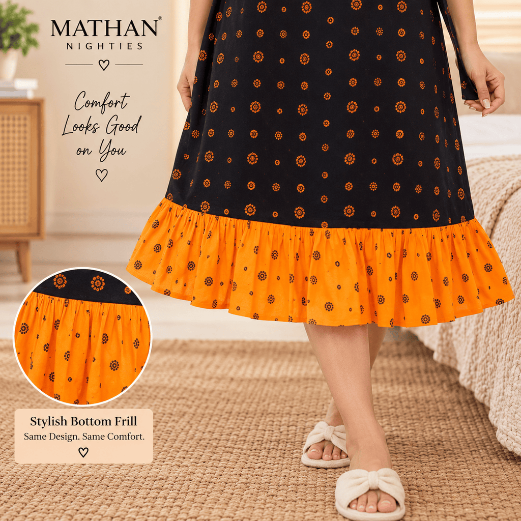Mathan Cotton Frock Nighty for Women – Stylish Printed Nightwear with Puff Sleeves & Frill OneZeros