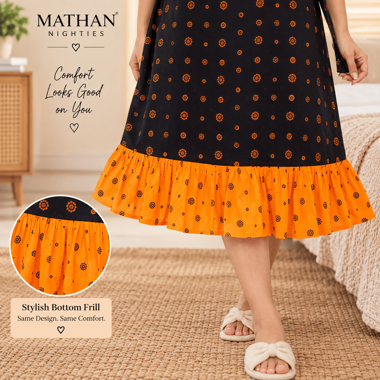 Mathan Cotton Frock Nighty for Women – Stylish Printed Nightwear with Puff Sleeves & Frill OneZeros