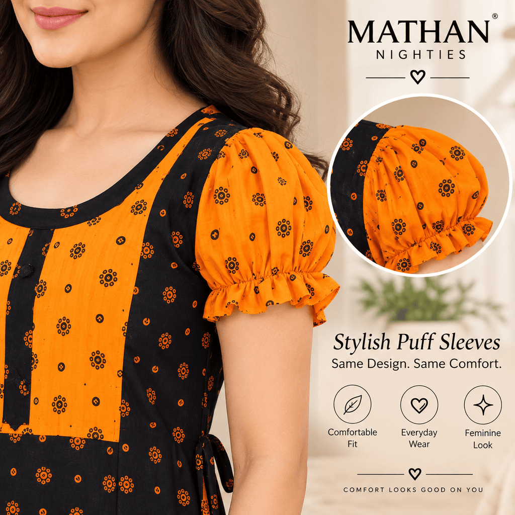 Mathan Cotton Frock Nighty for Women – Stylish Printed Nightwear with Puff Sleeves & Frill OneZeros