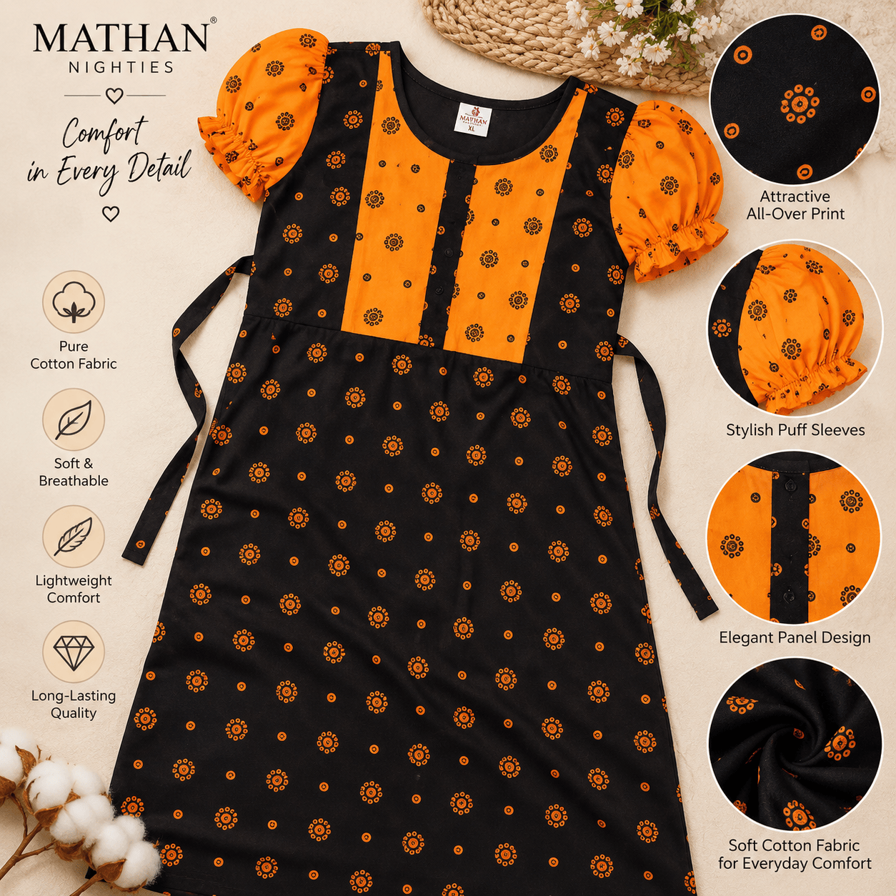 Mathan Cotton Frock Nighty for Women – Stylish Printed Nightwear with Puff Sleeves & Frill OneZeros