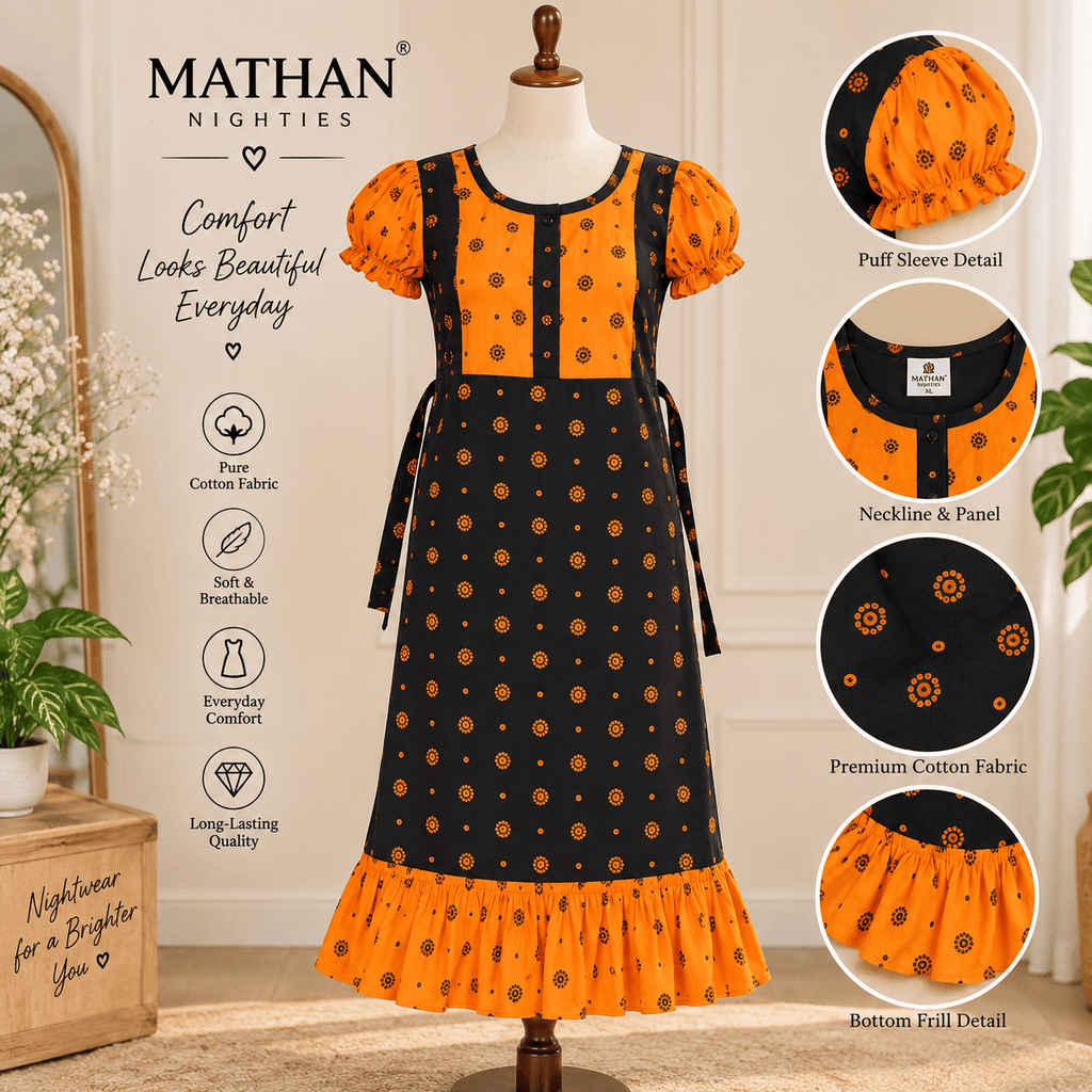 Mathan Cotton Frock Nighty for Women – Stylish Printed Nightwear with Puff Sleeves & Frill OneZeros