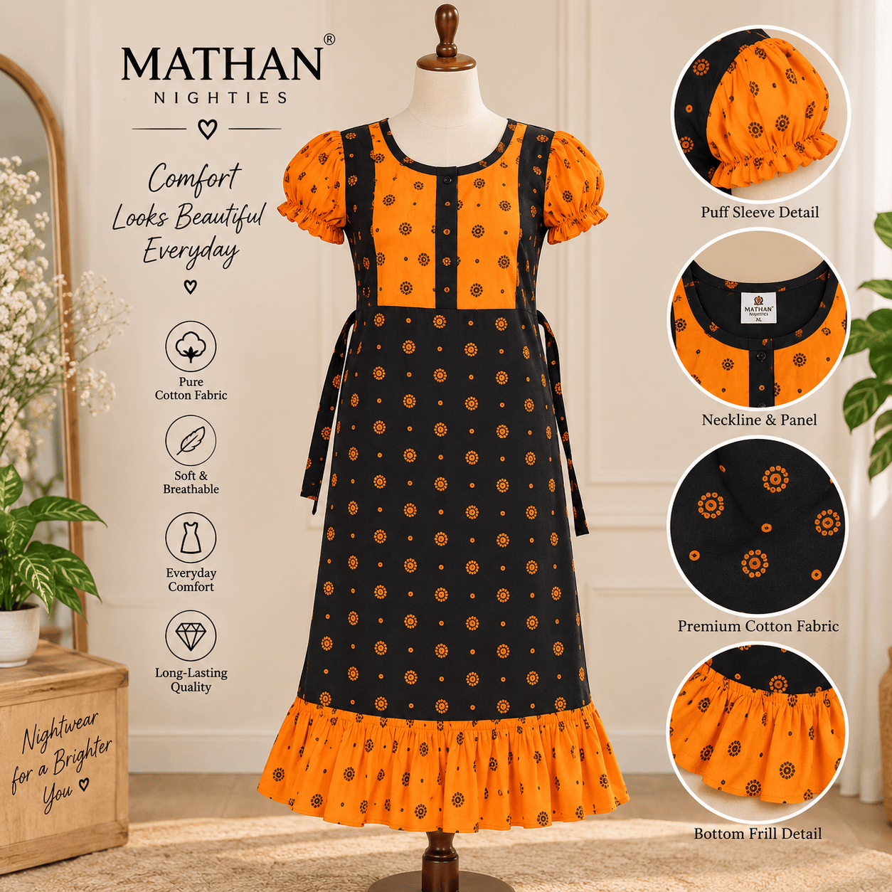 Mathan Cotton Frock Nighty for Women – Stylish Printed Nightwear with Puff Sleeves & Frill OneZeros