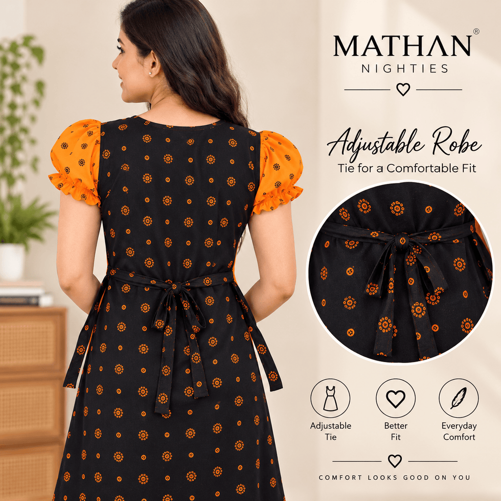 Mathan Cotton Frock Nighty for Women – Stylish Printed Nightwear with Puff Sleeves & Frill OneZeros