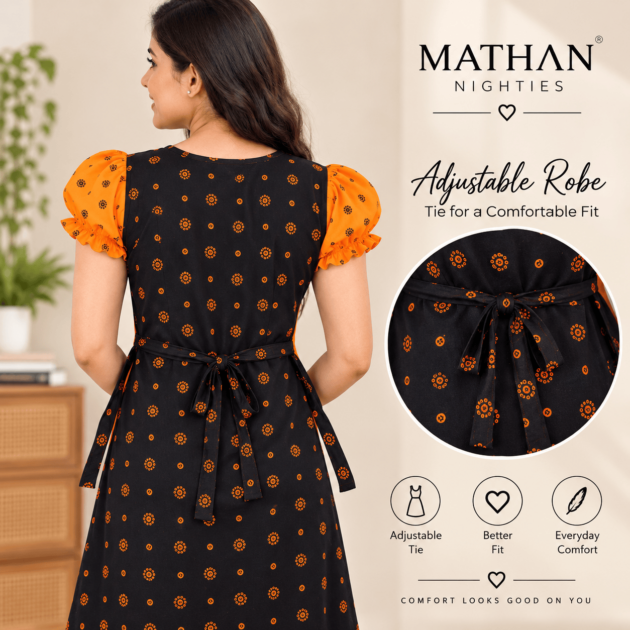 Mathan Cotton Frock Nighty for Women – Stylish Printed Nightwear with Puff Sleeves & Frill OneZeros