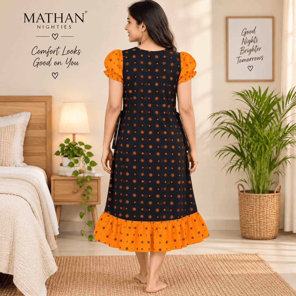 Mathan Cotton Frock Nighty for Women – Stylish Printed Nightwear with Puff Sleeves & Frill OneZeros