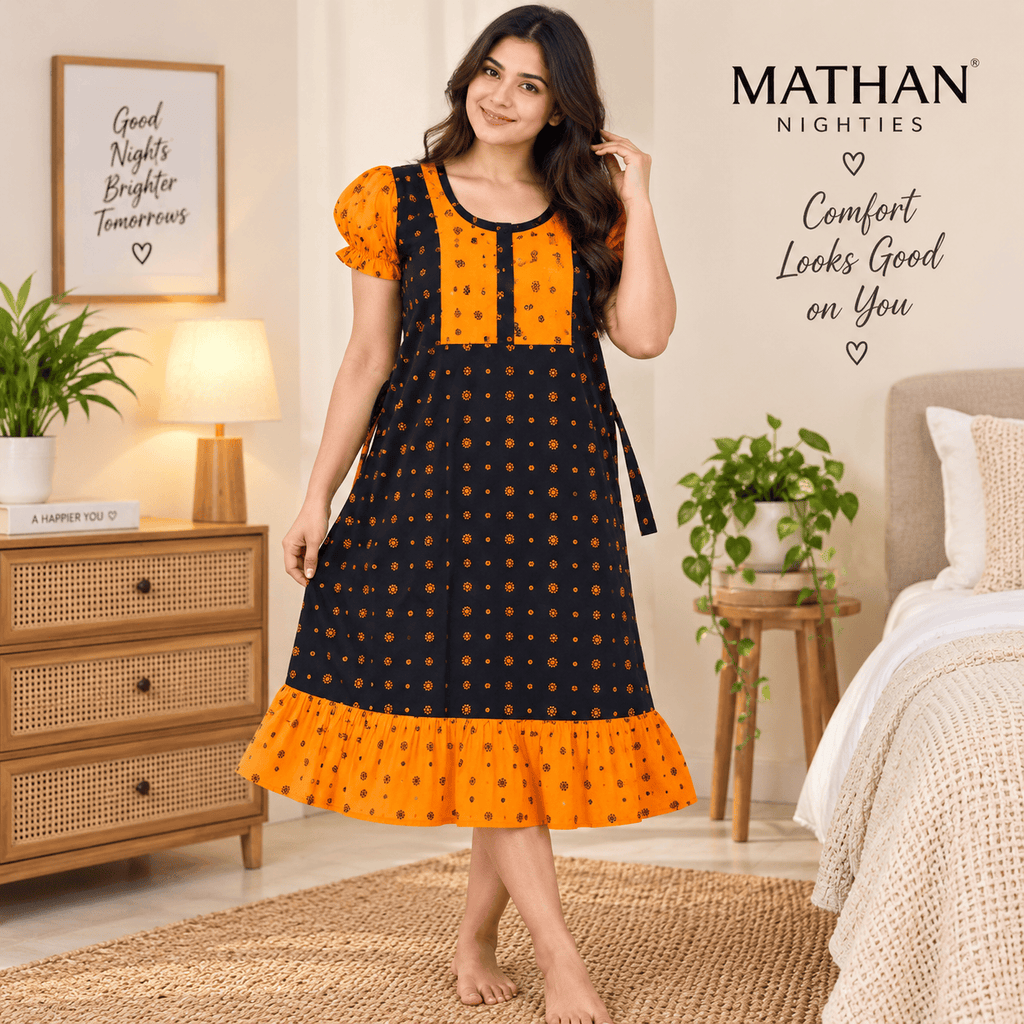 Mathan Cotton Frock Nighty for Women – Stylish Printed Nightwear with Puff Sleeves & Frill OneZeros