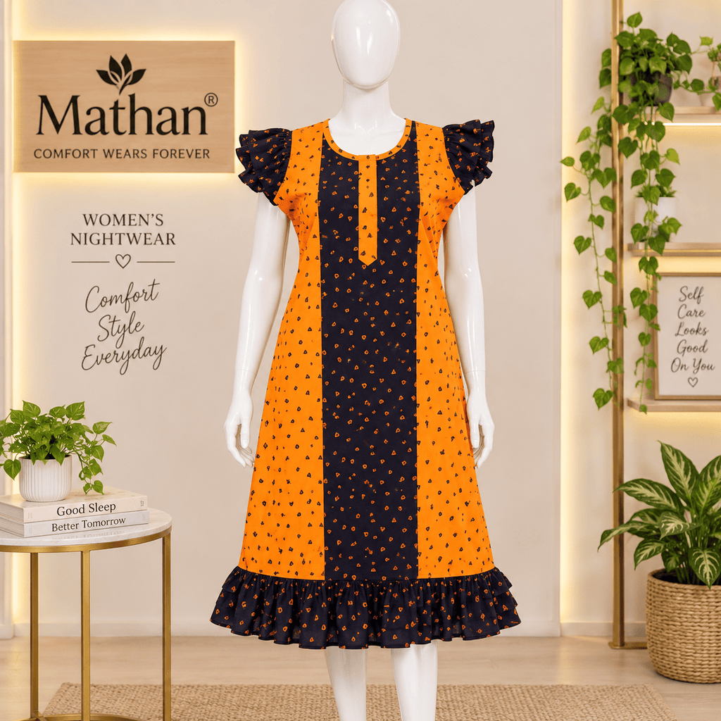 MATHAN Cotton Mid-Length Frock Nighty for Women – Orange & Navy Printed Nightwear OneZeros