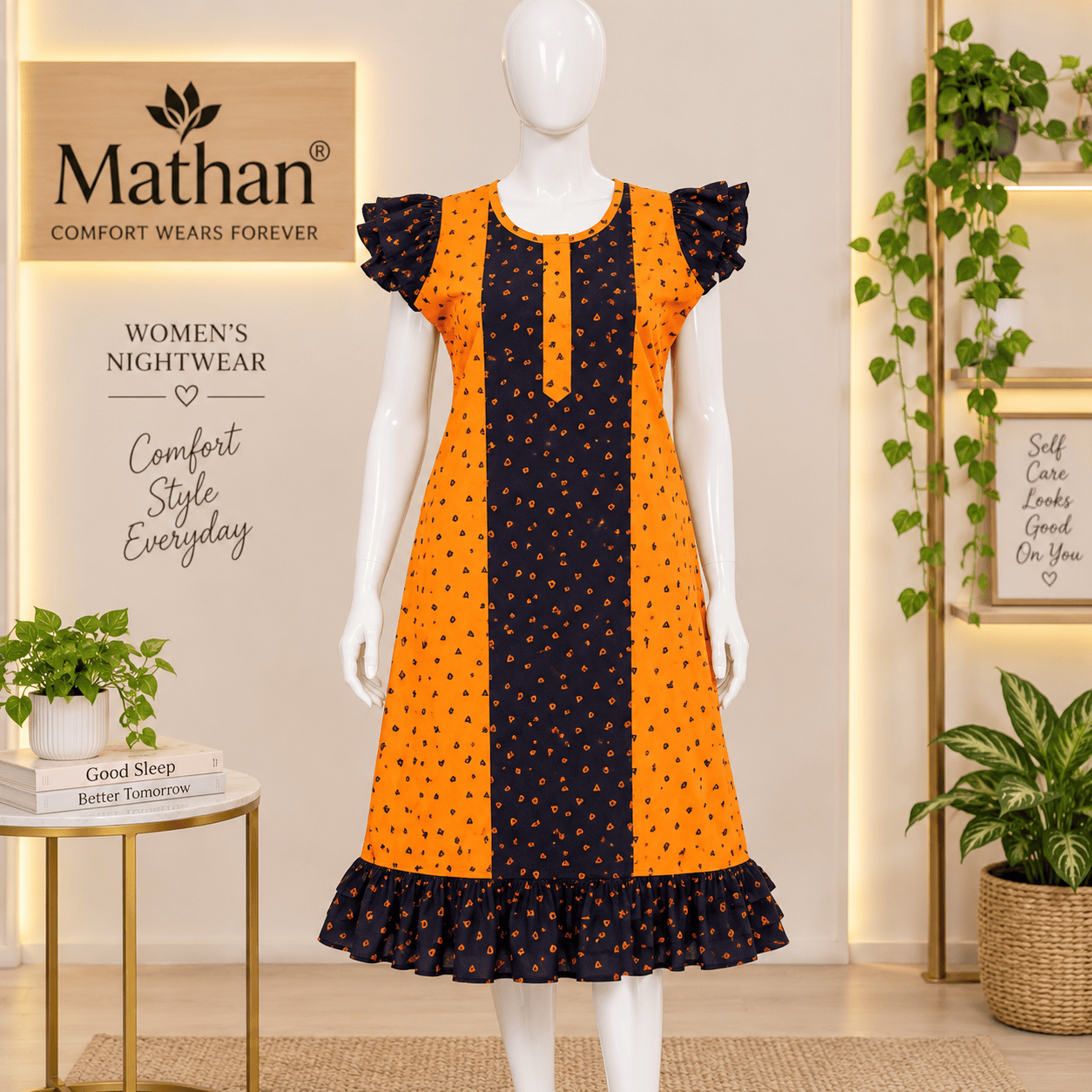 MATHAN Cotton Mid-Length Frock Nighty for Women – Orange & Navy Printed Nightwear OneZeros