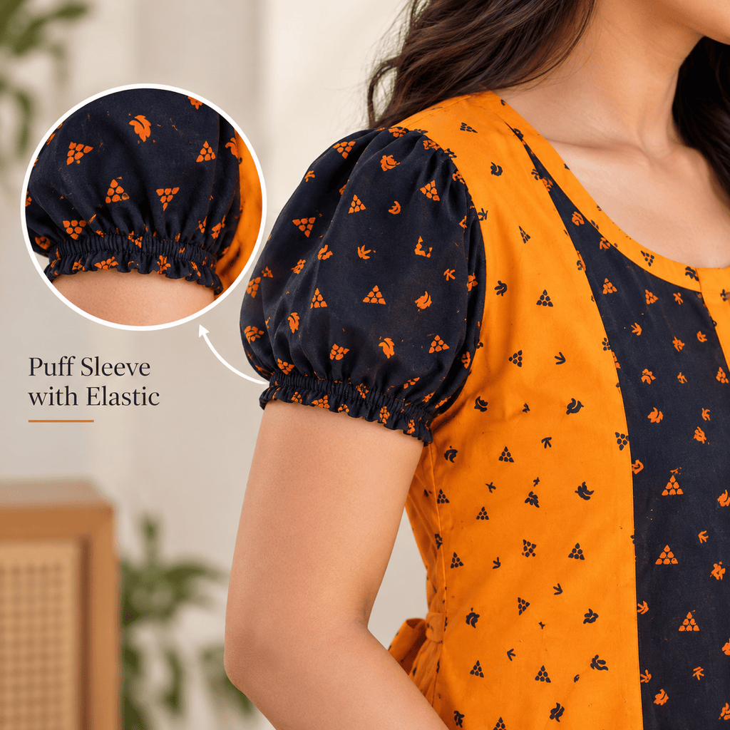 MATHAN Cotton Mid-Length Frock Nighty for Women – Orange & Navy Printed Nightwear OneZeros