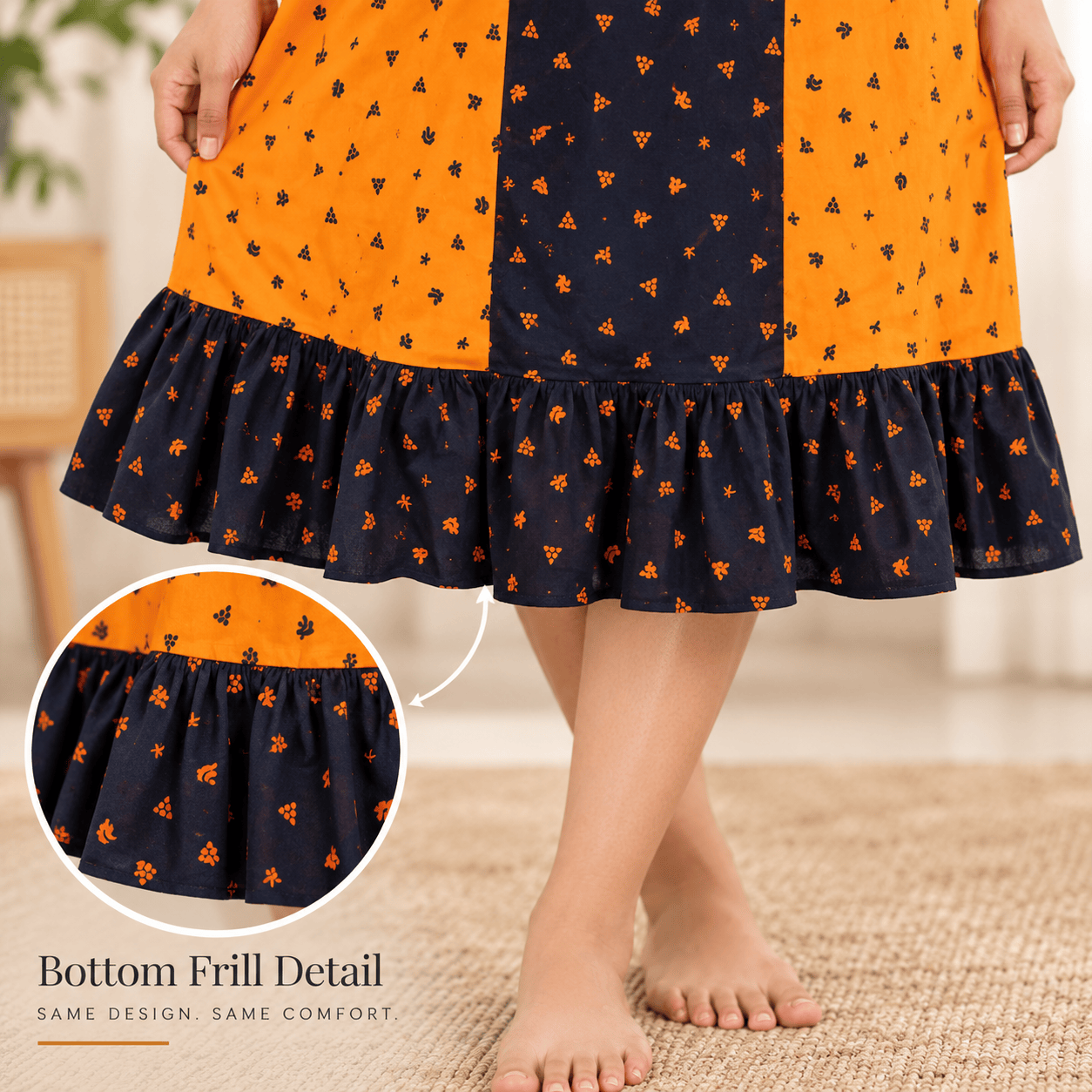MATHAN Cotton Mid-Length Frock Nighty for Women – Orange & Navy Printed Nightwear OneZeros