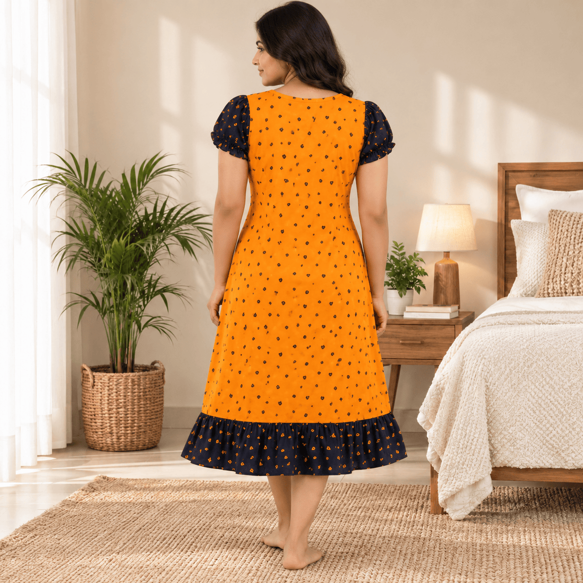 MATHAN Cotton Mid-Length Frock Nighty for Women – Orange & Navy Printed Nightwear OneZeros