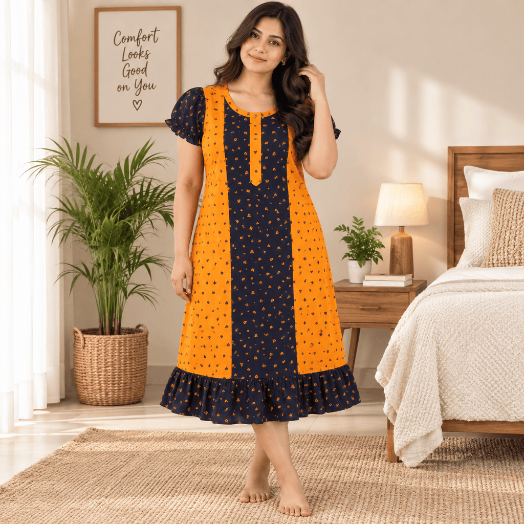 MATHAN Cotton Mid-Length Frock Nighty for Women – Orange & Navy Printed Nightwear OneZeros