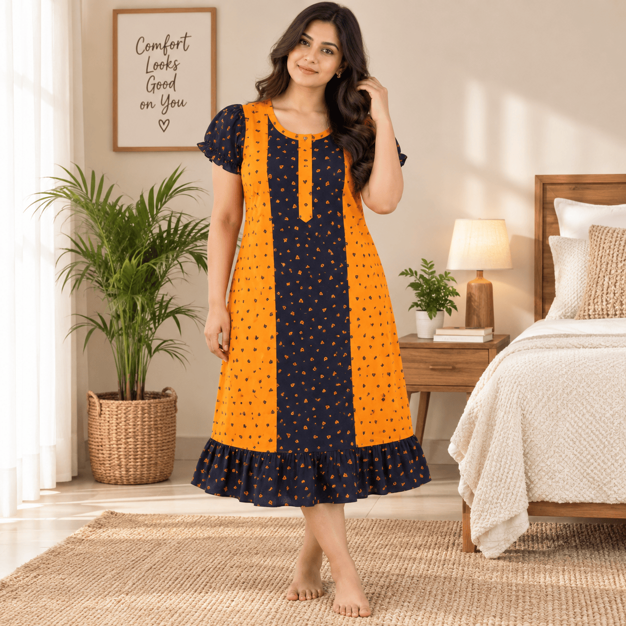 MATHAN Cotton Mid-Length Frock Nighty for Women – Orange & Navy Printed Nightwear OneZeros