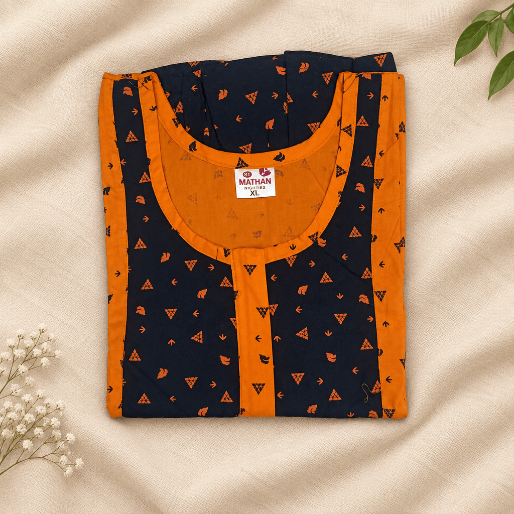 MATHAN Cotton Mid-Length Frock Nighty for Women – Orange & Navy Printed Nightwear XXL OneZeros