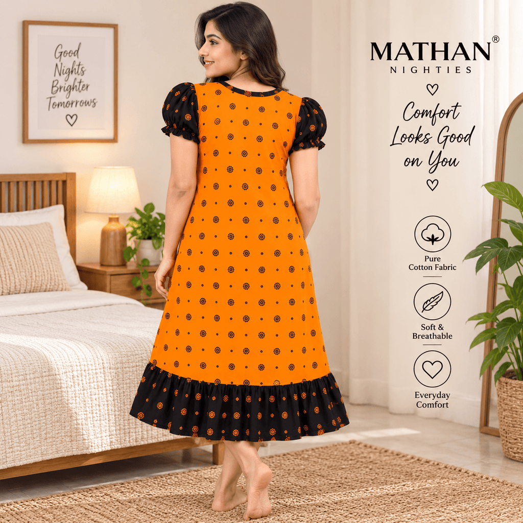 MATHAN Orange & Black Cotton Frock Nighty for Women OneZeros