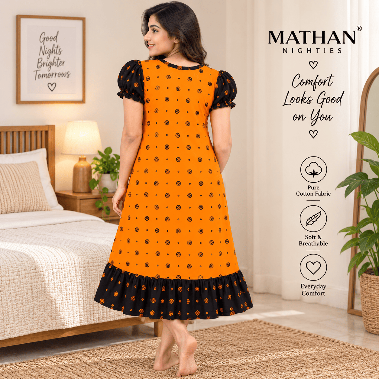 MATHAN Orange & Black Cotton Frock Nighty for Women OneZeros