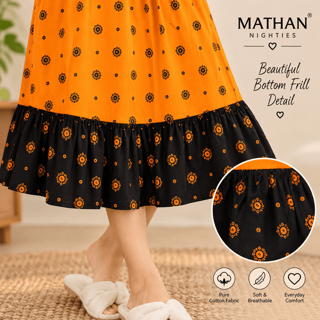 MATHAN Orange & Black Cotton Frock Nighty for Women OneZeros