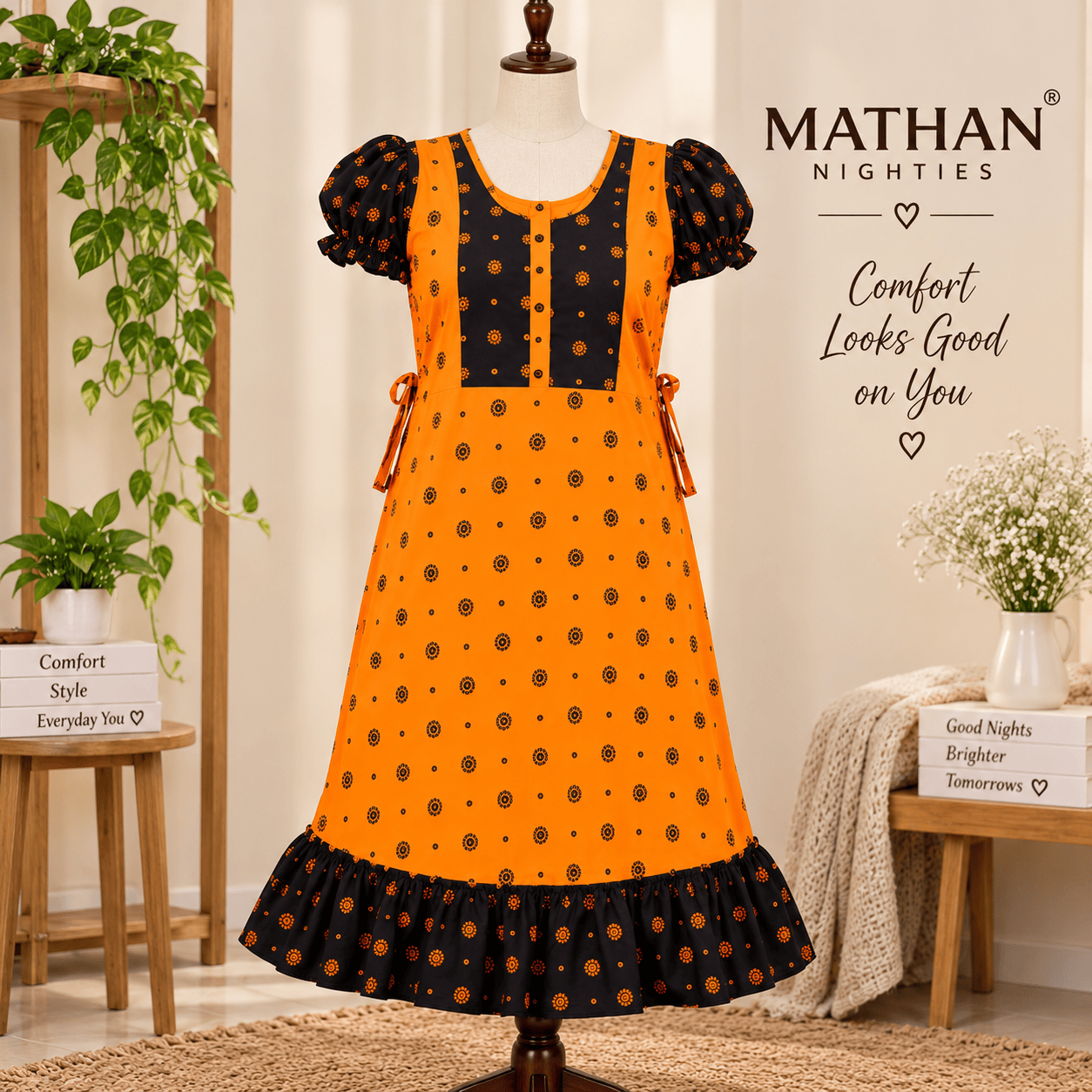 MATHAN Orange & Black Cotton Frock Nighty for Women OneZeros
