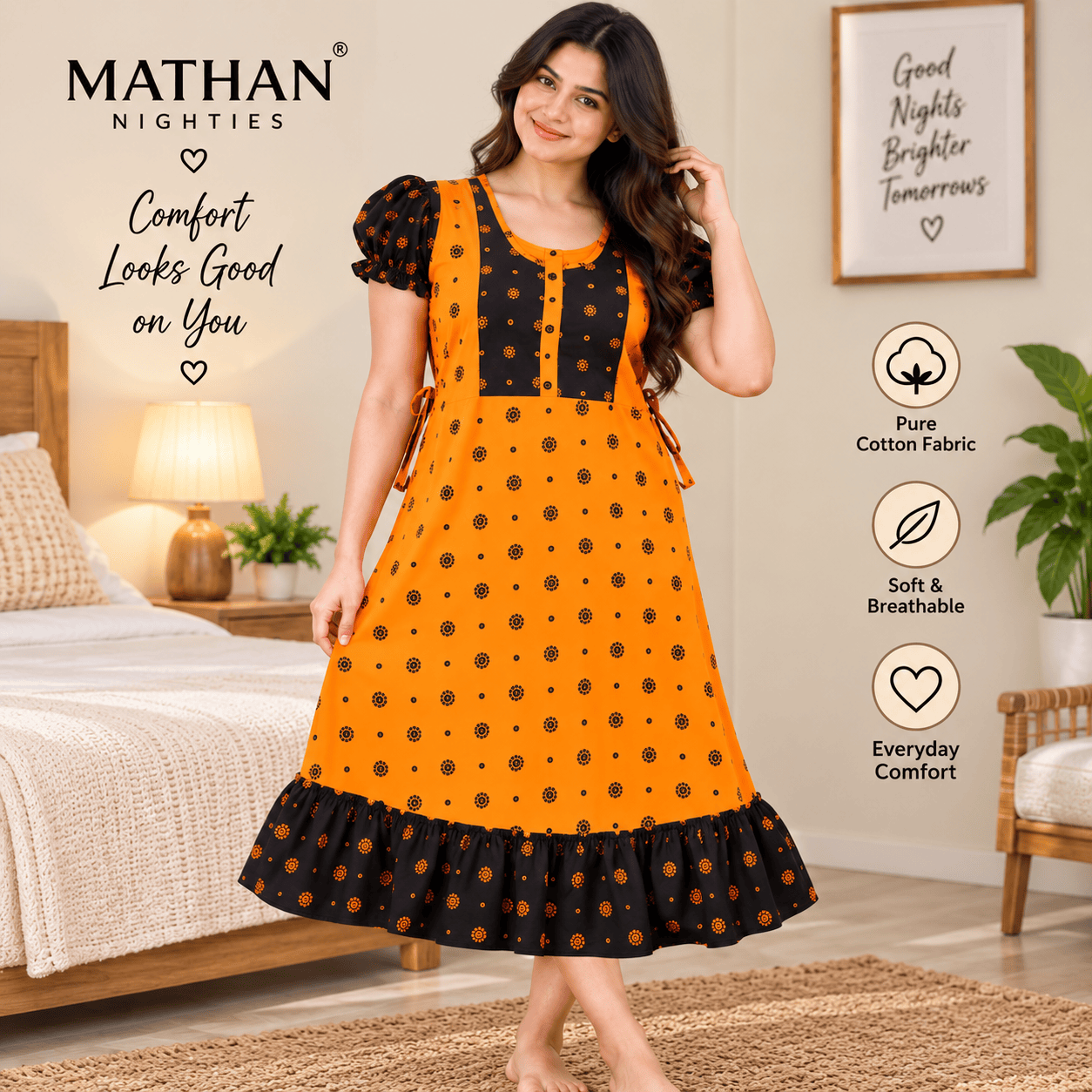 MATHAN Orange & Black Cotton Frock Nighty for Women OneZeros