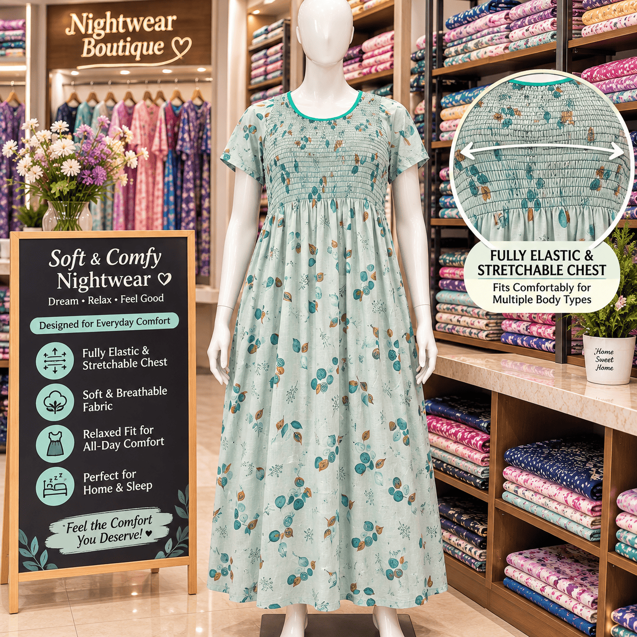 Mint Green Printed Nighty for Women – Stretchable Elastic Chest with Side Pocket Free Size OneZeros
