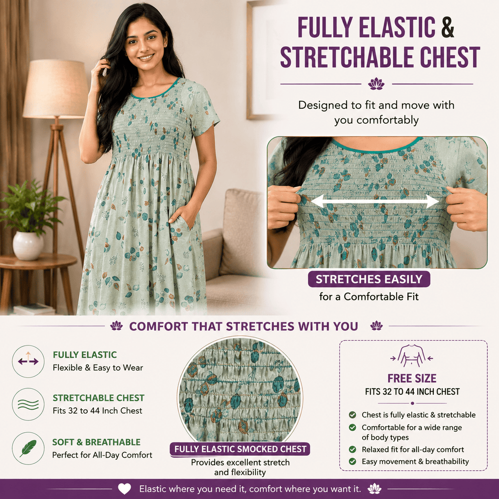 Mint Green Printed Nighty for Women – Stretchable Elastic Chest with Side Pocket Free Size OneZeros