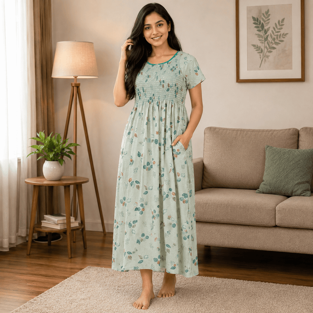 Mint Green Printed Nighty for Women – Stretchable Elastic Chest with Side Pocket Free Size OneZeros