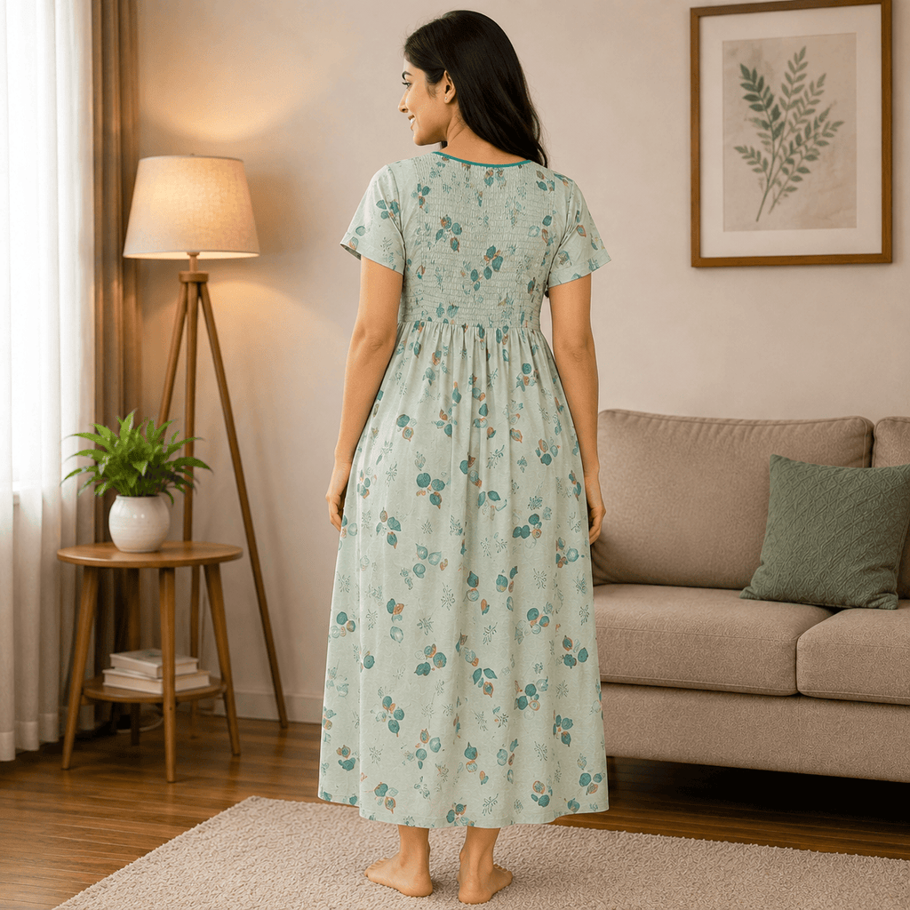 Mint Green Printed Nighty for Women – Stretchable Elastic Chest with Side Pocket Free Size OneZeros