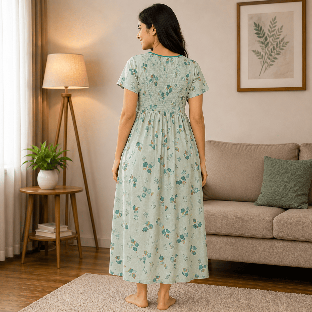 Mint Green Printed Nighty for Women – Stretchable Elastic Chest with Side Pocket Free Size OneZeros