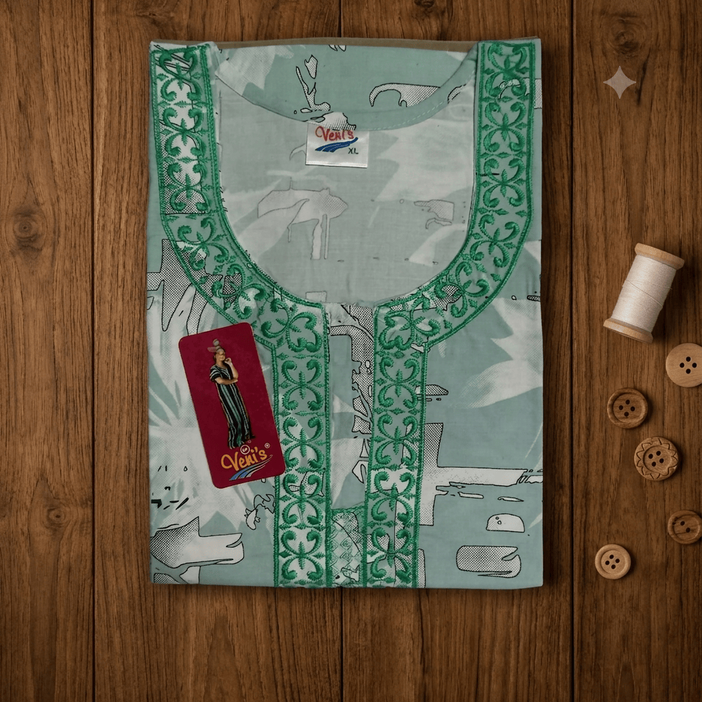 Mint Green Printed Rayon Nighty for Women | Embroidered Designer Night Dress | Soft & Comfortable Home Wear XL / 1 OneZeros
