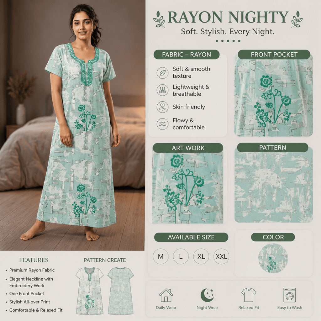Mint Green Printed Rayon Nighty for Women | Embroidered Designer Night Dress | Soft & Comfortable Home Wear OneZeros