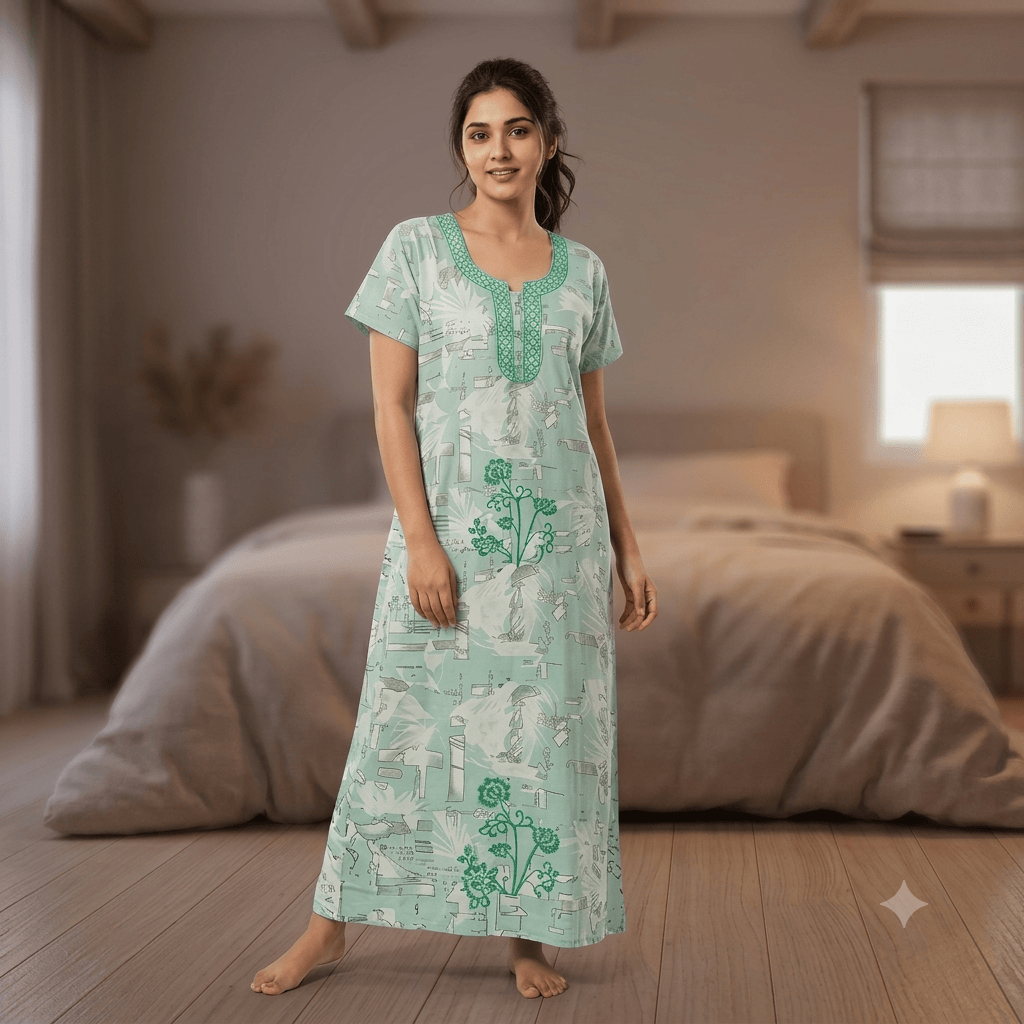 Mint Green Printed Rayon Nighty for Women | Embroidered Designer Night Dress | Soft & Comfortable Home Wear OneZeros