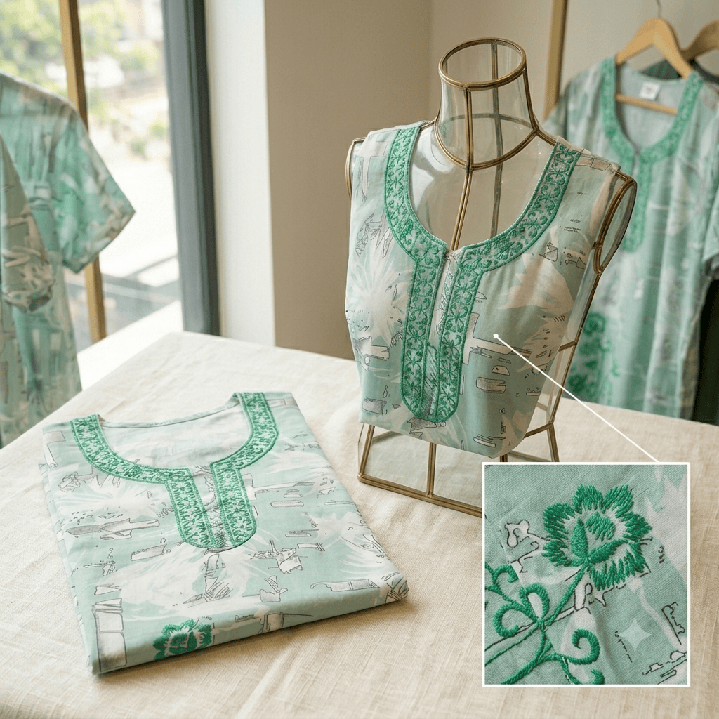 Mint Green Printed Rayon Nighty for Women | Embroidered Designer Night Dress | Soft & Comfortable Home Wear OneZeros