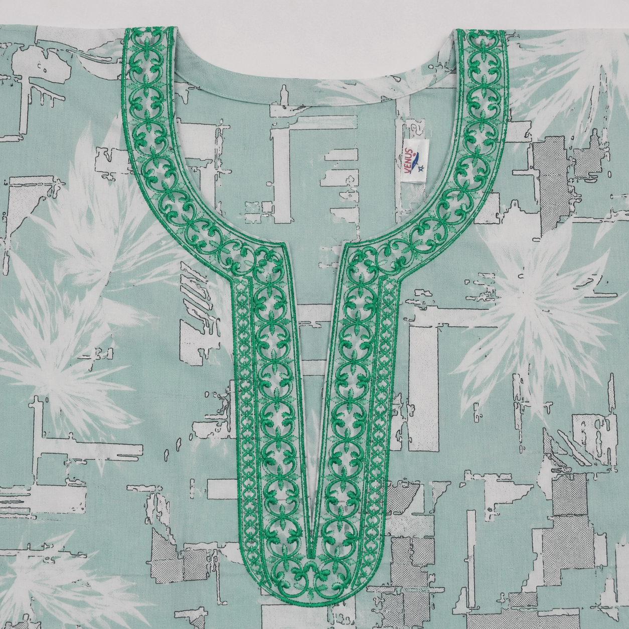 Mint Green Printed Rayon Nighty for Women | Embroidered Designer Night Dress | Soft & Comfortable Home Wear OneZeros
