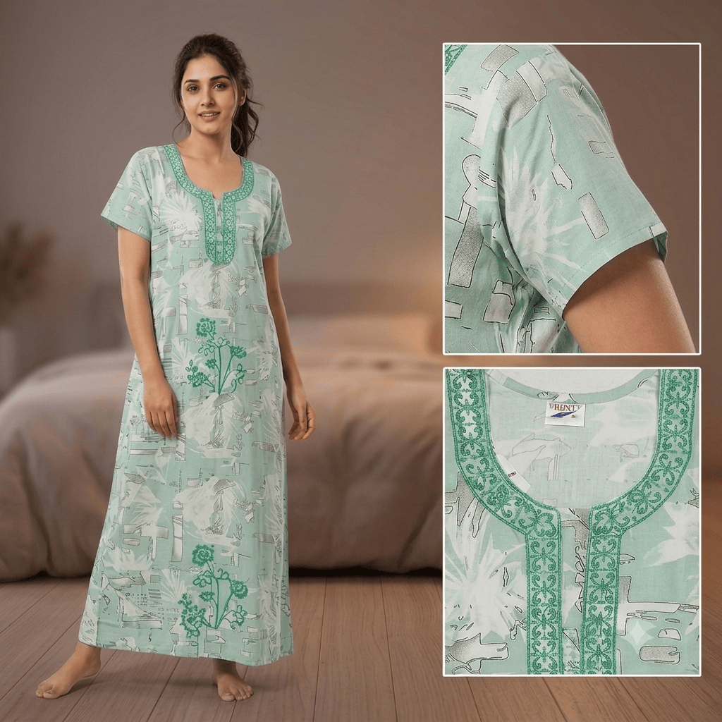 Mint Green Printed Rayon Nighty for Women | Embroidered Designer Night Dress | Soft & Comfortable Home Wear OneZeros