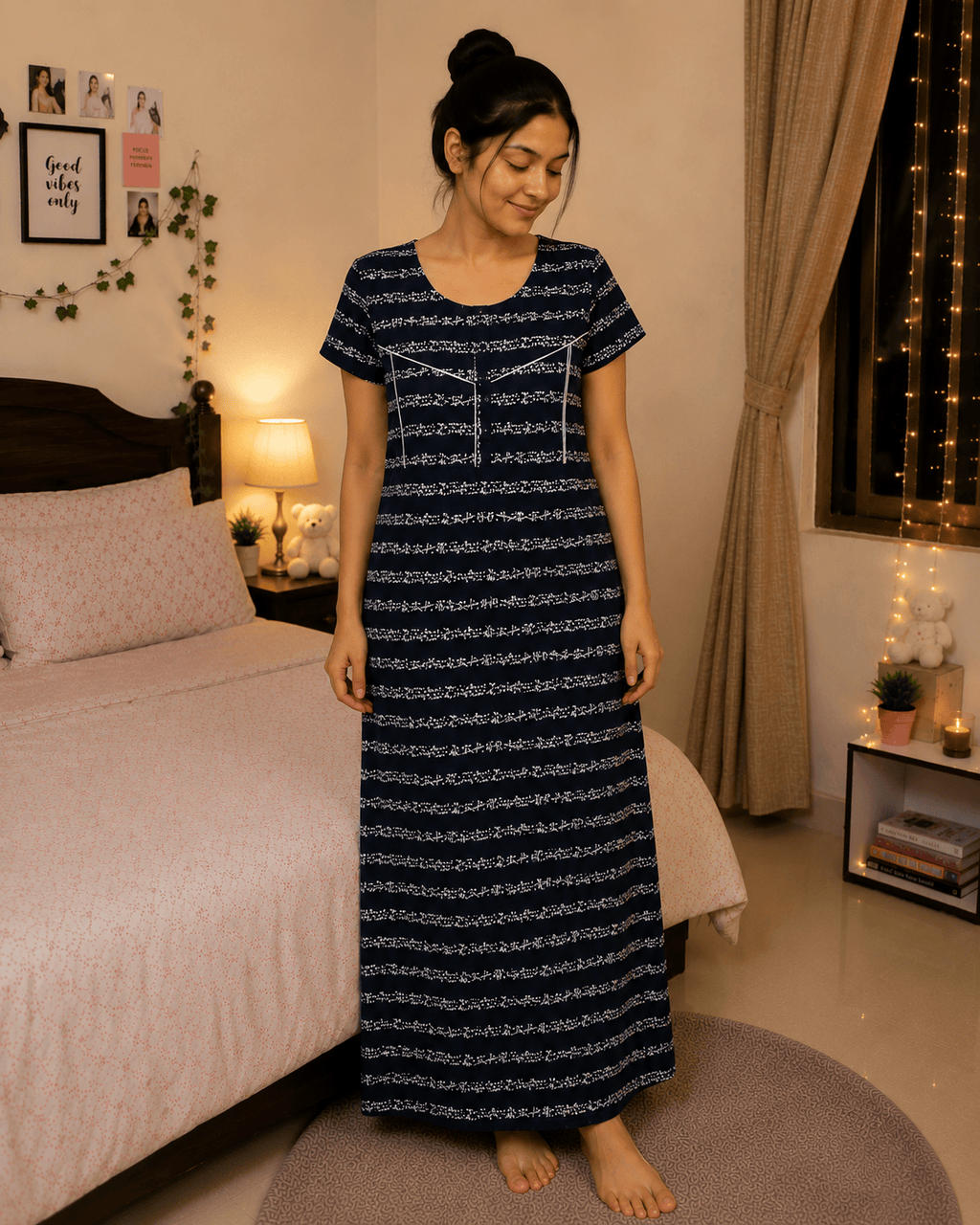 Navy Blue Floral Stripe Dreamscape Nighty for Women 2XL Onezeros.in