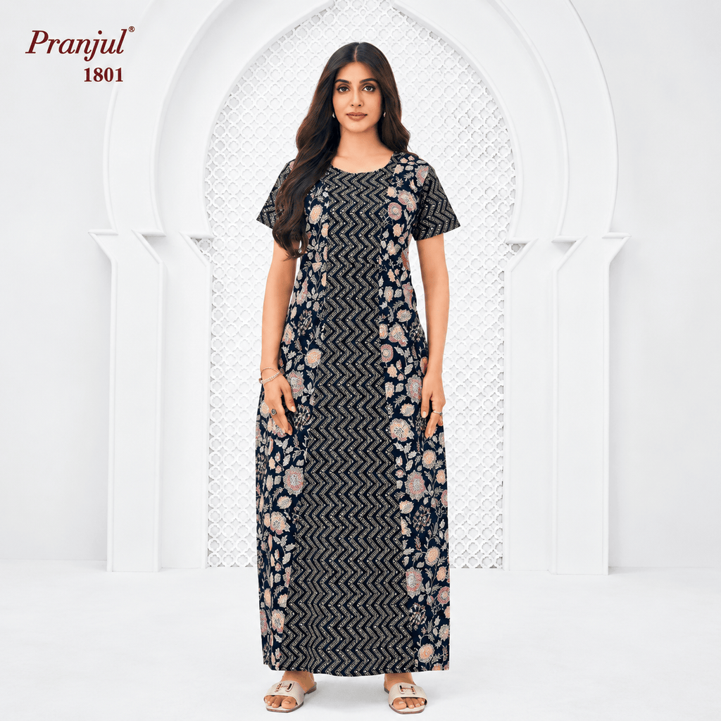 Pranjul 1801 Cotton Nighty for Women | Floral Printed Full Length Night Gown with Pocket XL OneZeros