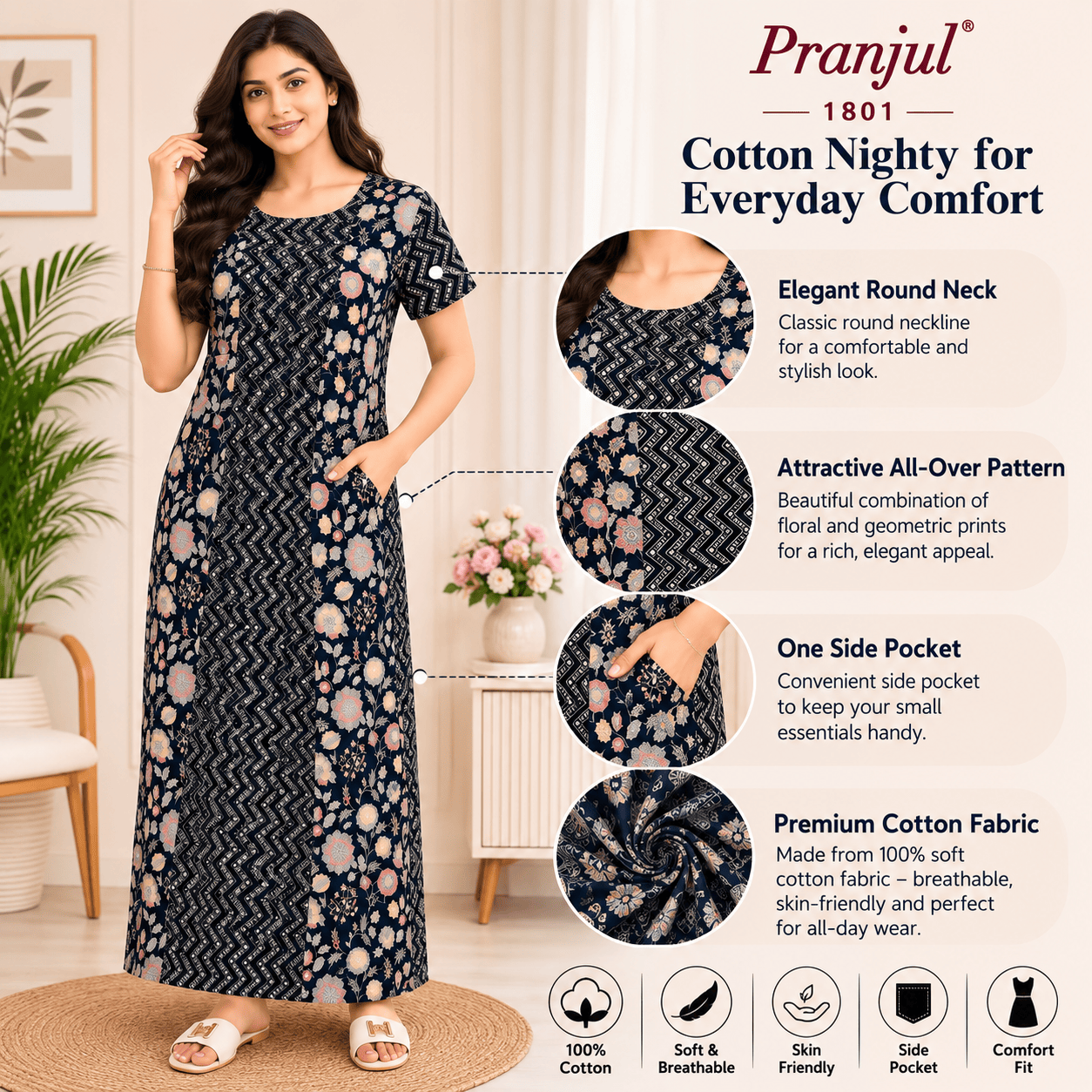 Pranjul 1801 Women's Cotton Printed Nighty OneZeros