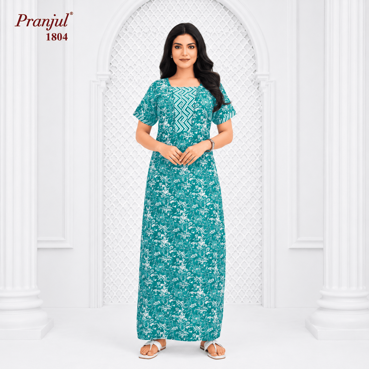 Pranjul 1804 Cotton Nighty for Women | Printed Full Length Night Gown with Pocket XXL OneZeros