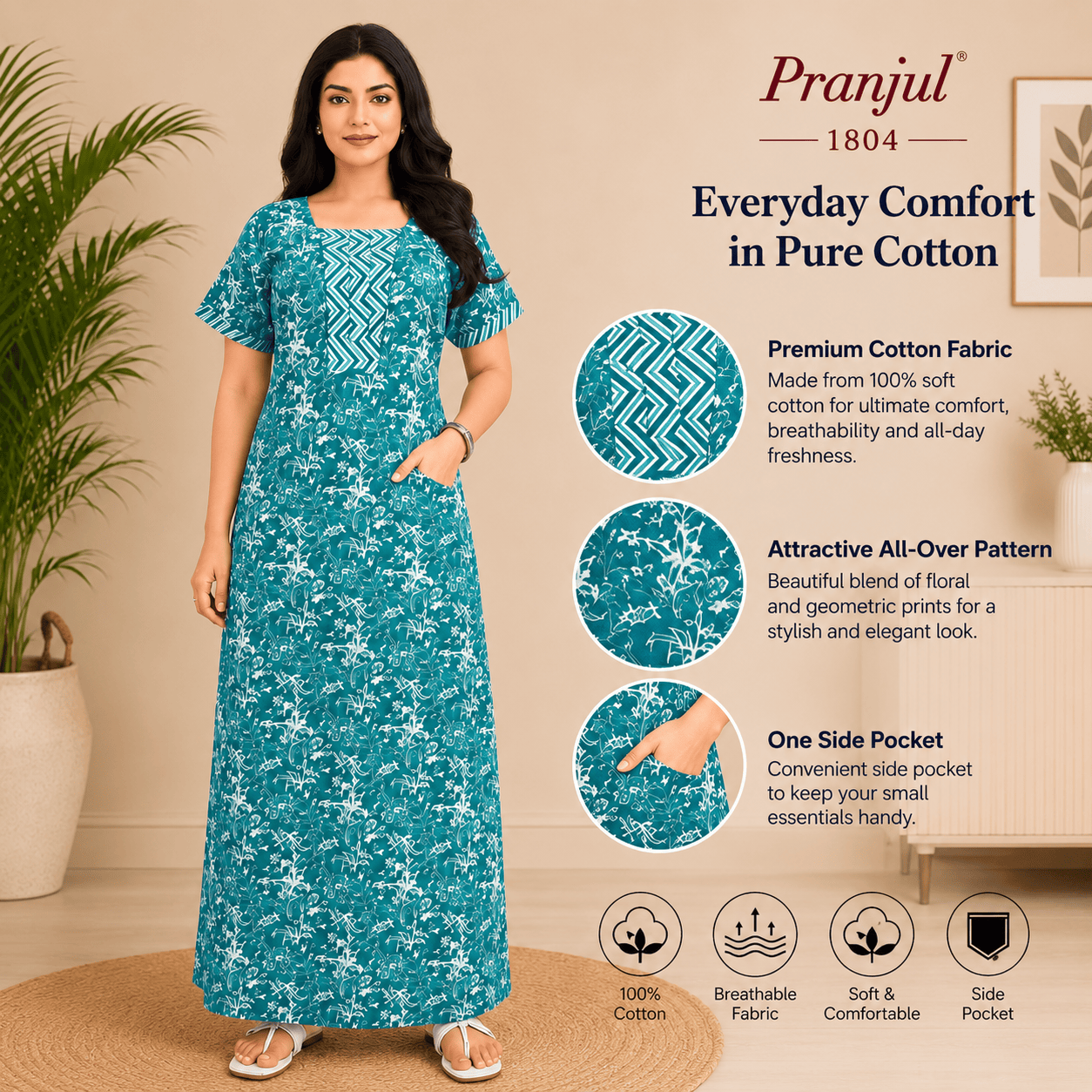Pranjul 1804 Women's Cotton Printed Nighty OneZeros