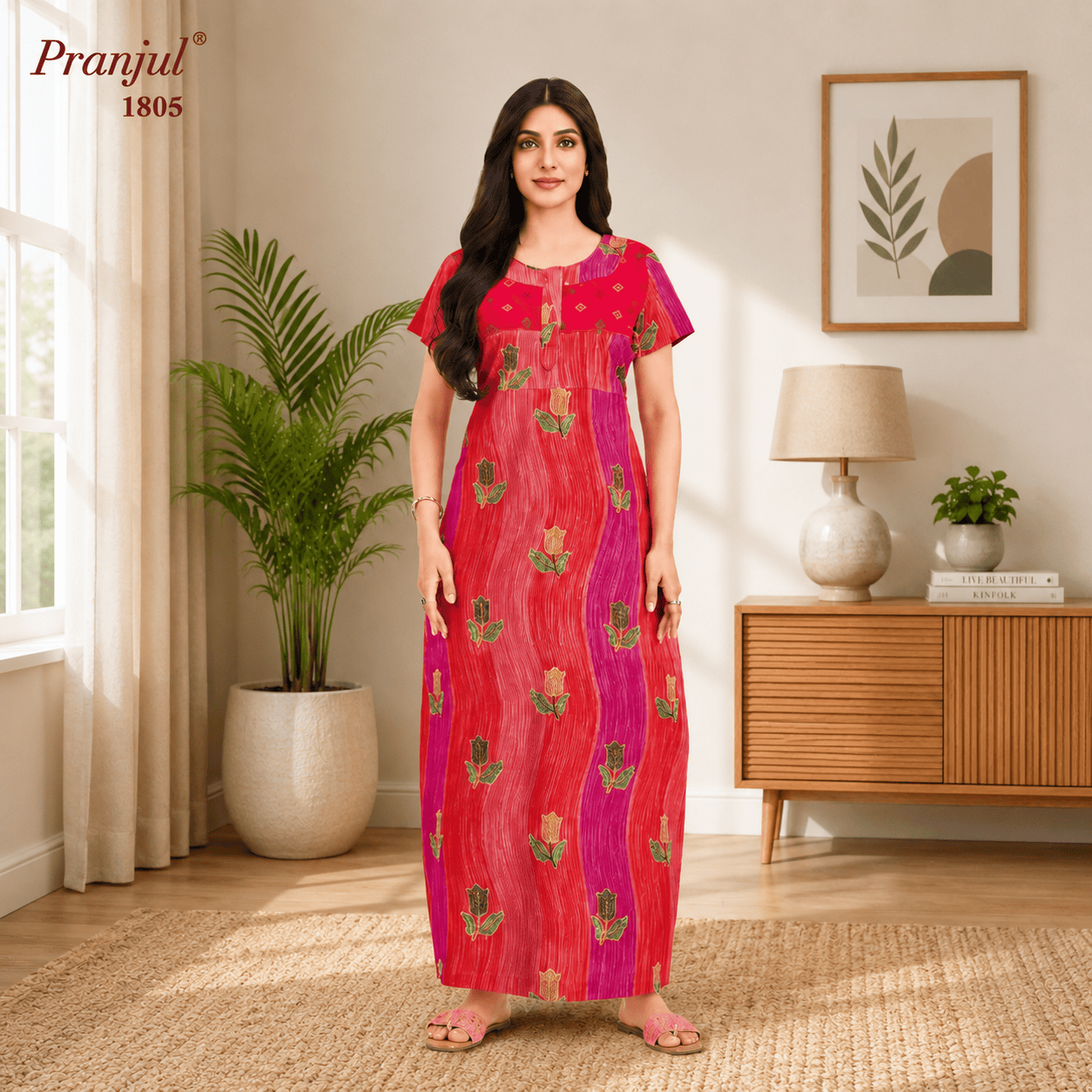 Pranjul 1806 Vibrant Red with Magenta Cotton Nighty Onezeros.in