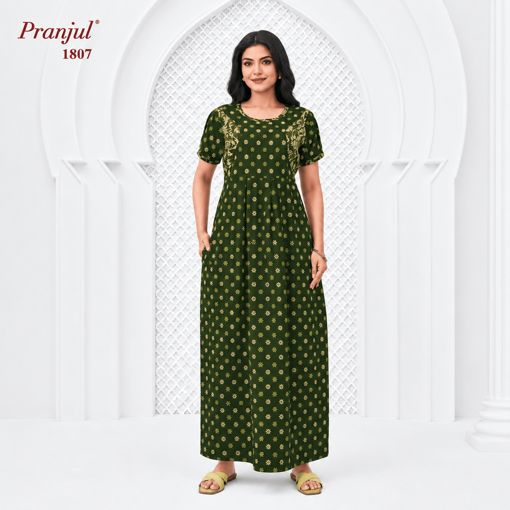 Pranjul 1807 Cotton Nighty for Women | Floral Printed Full Length Night Gown with Pocket XL OneZeros