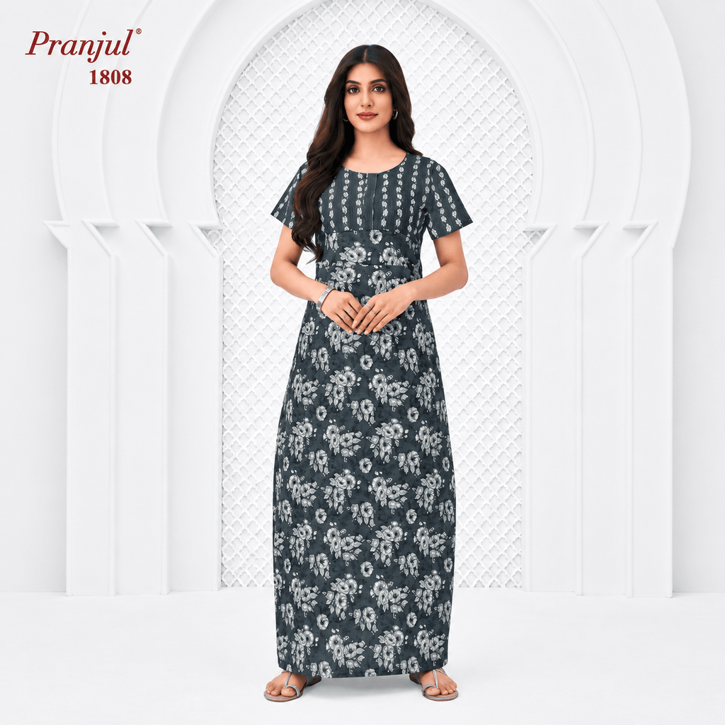 Pranjul 1808 Cotton Nighty for Women | Floral Printed Full Length Night Gown with Pocket XXL OneZeros