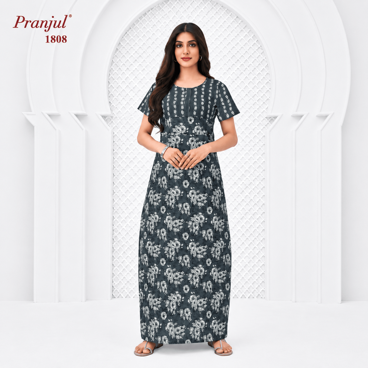 Pranjul 1808 Cotton Nighty for Women | Floral Printed Full Length Night Gown with Pocket XXL OneZeros