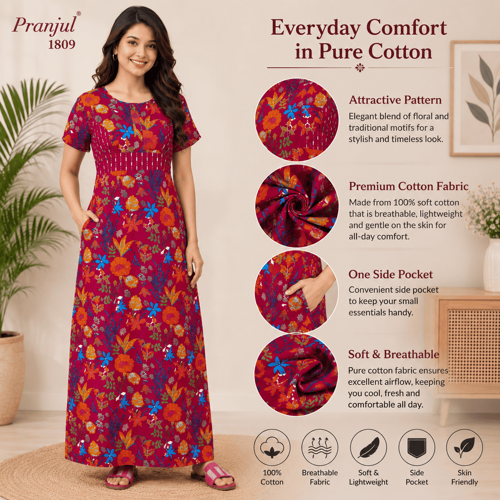 Pranjul 1809 Cotton Floral Printed Nighty for Women OneZeros