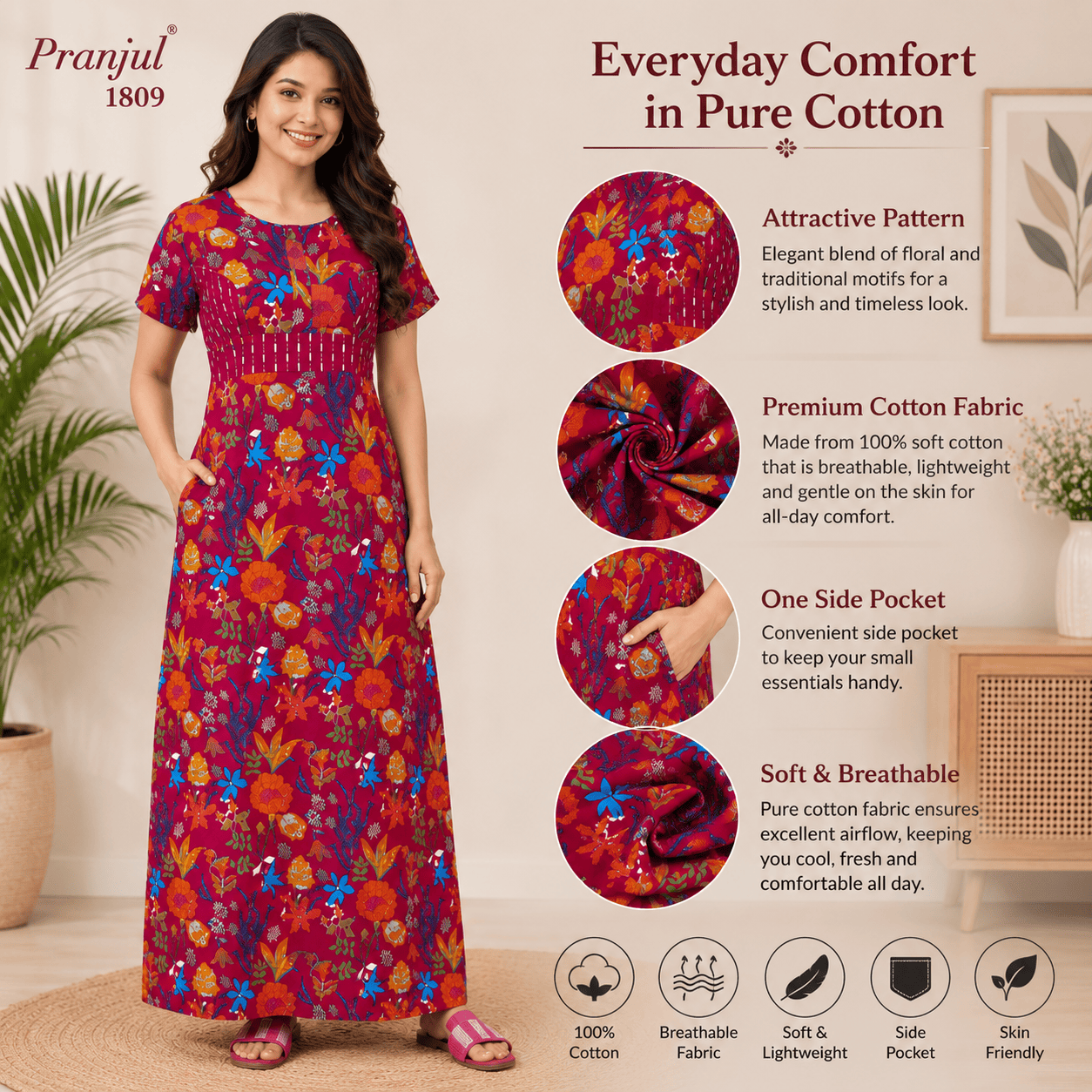 Pranjul 1809 Cotton Floral Printed Nighty for Women OneZeros