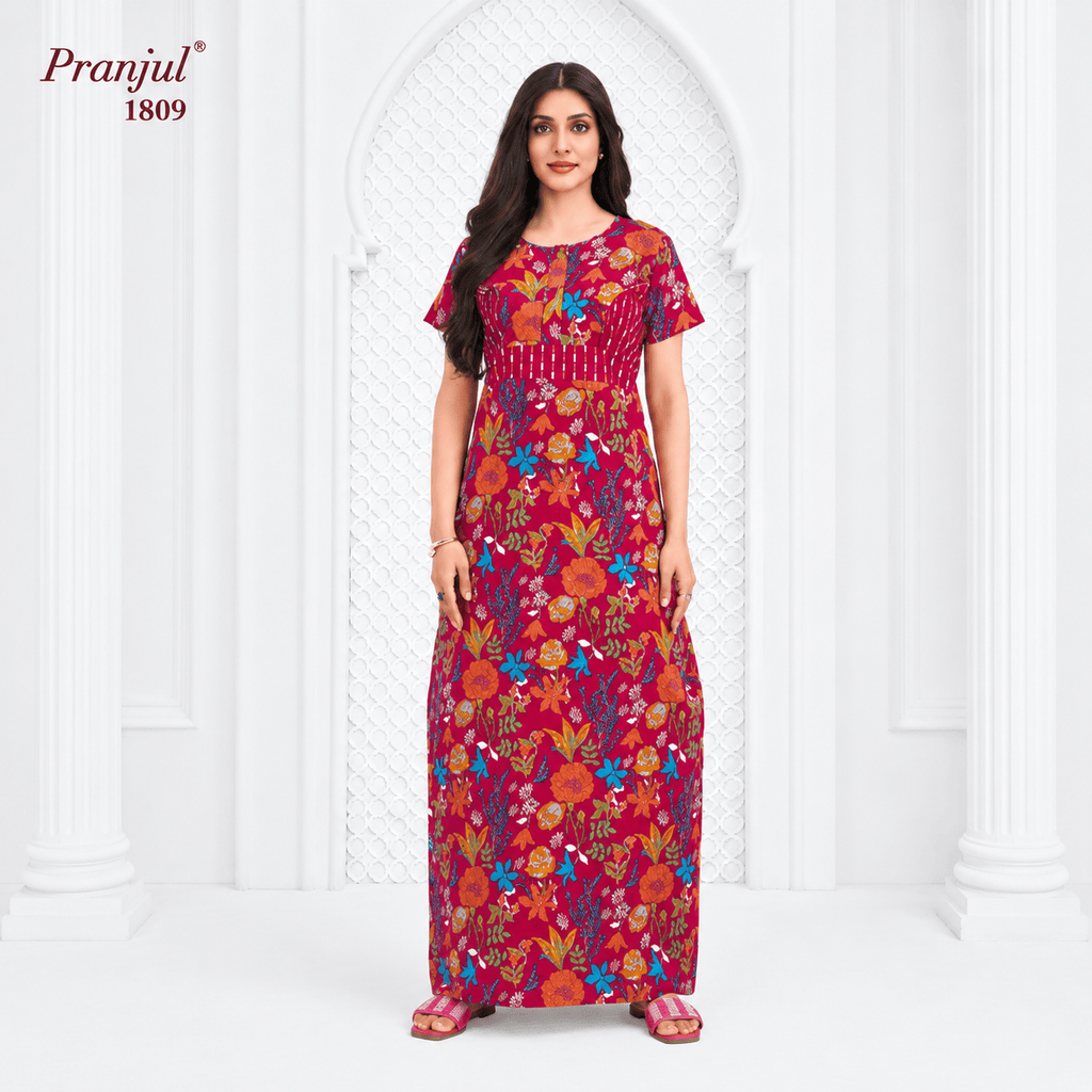 Pranjul 1809 Cotton Nighty for Women | Floral Printed Full Length Night Gown with Pocket XL OneZeros