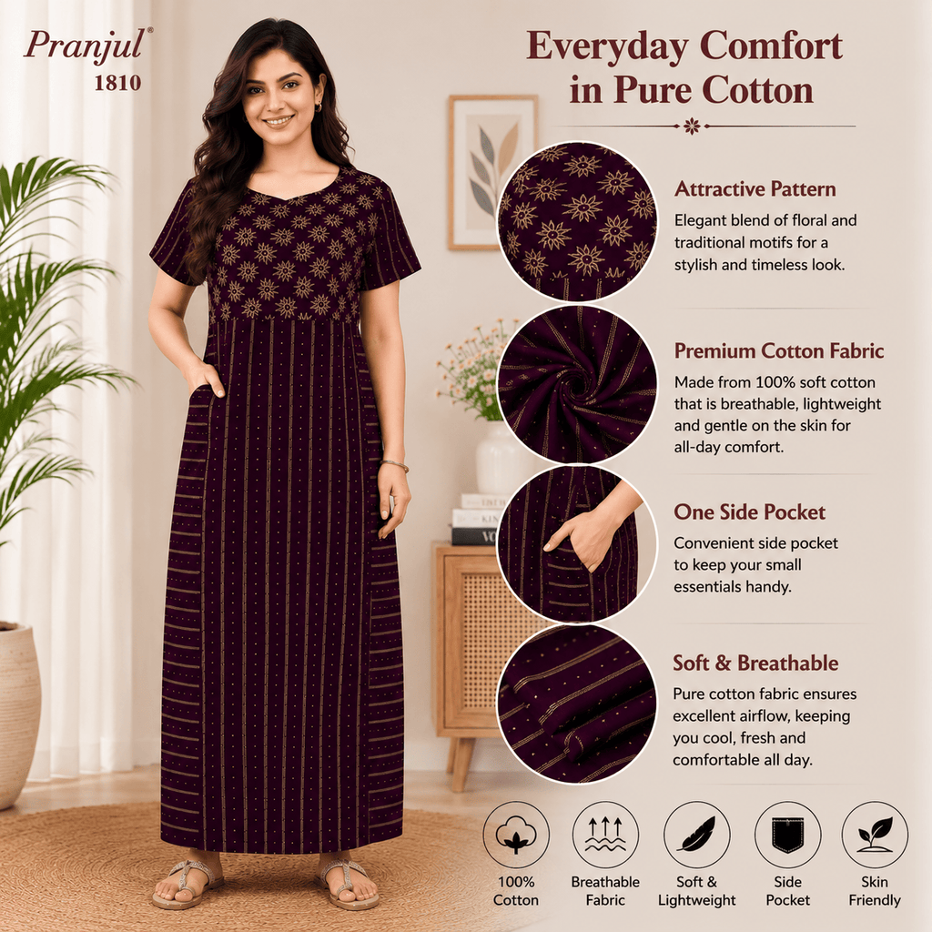 Pranjul 1810 Cotton Geometric Printed Nighty for Women OneZeros