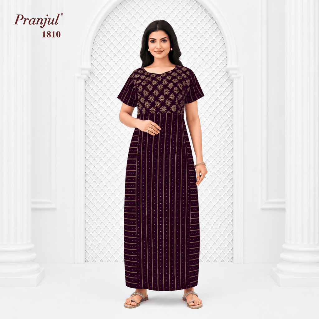 Pranjul 1810 Cotton Nighty for Women | Geometric Printed Full Length Night Gown with Pocket XL OneZeros