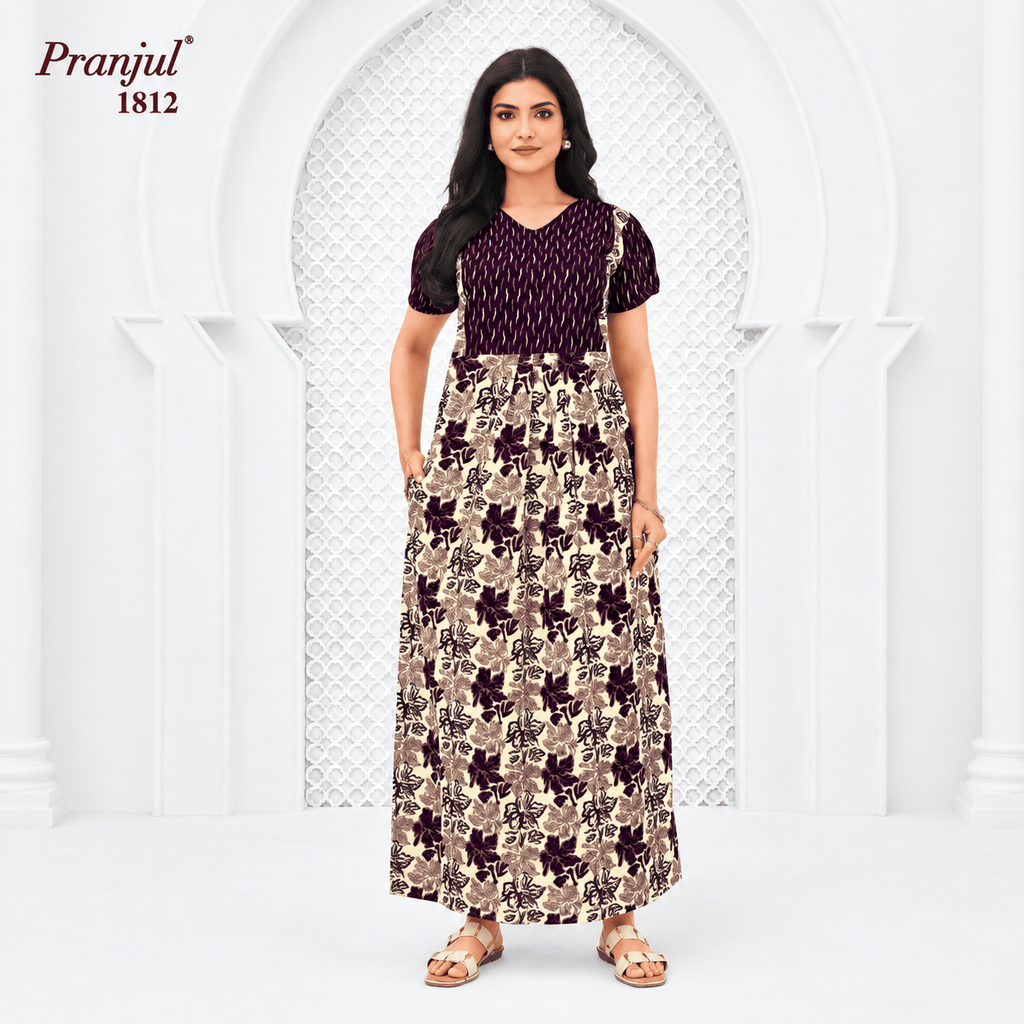 Pranjul 1812 Cotton Nighty for Women | Floral Printed Full Length Night Gown with Pocket XL OneZeros